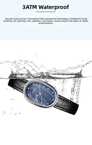 Detail showing 3ATM water resistance of women's watch with blue mother of pearl dial