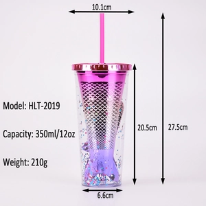 Size diagram for mermaid tail sequins straw cup with 350ml capacity and 27.5cm total height