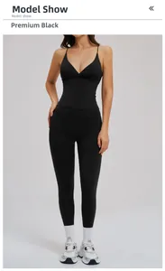 Detail of high-stretch black yoga set with V-neck sports bra and high-waisted leggings