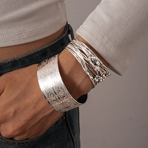 Vintage Butterfly Floral Carved Open Cuff Bracelet Silver Color Bohemian Ethnic Wide Adjustable Bangle Jewelry