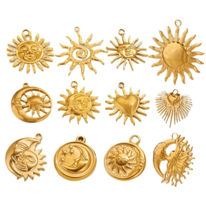 Set of 12 vintage gold stainless steel sun and moon celestial pendants for DIY jewelry