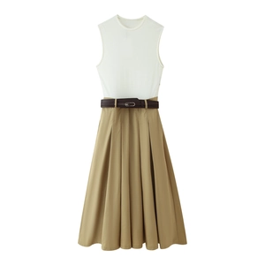 Robe Maxi Sans Manches Élégante Patchwork Pour Femmes Avec Ceinture Col Rond Taille Haute Ligne A Plissée Style Commutateur Polyester Kaki