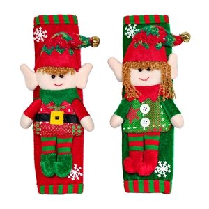 Christmas elf refrigerator handle covers with bells and snowflake patterns on white backdrop