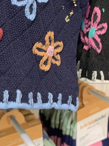 Detailed close-up of navy knit socks featuring colorful 3D floral embroidery