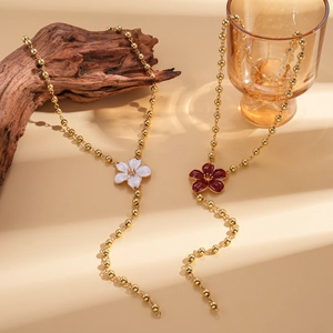 Vintage floral long sweater chain with gold beaded links and colorful enamel flower pendants