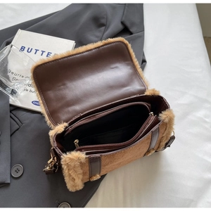 Brown faux leather and beige plush crossbody bag with multi-layer interior storage space