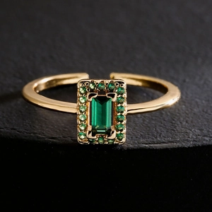 18K gold-plated open ring with rectangle emerald green zircon and pave micro-stones