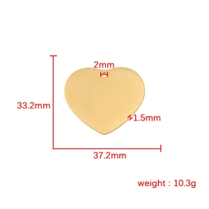 33mm mirror-polished gold stainless steel heart pendant with detailed dimension markings