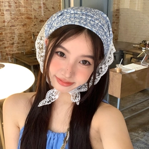 Floral Bandana Headscarf For Women Retro Lace Trim Triangle Scarf French Style Head Wrap Sweet Hair Accessory