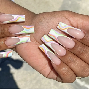 Long Coffin Press On Nails French Rainbow Wavy Lines Macaron Colorful False Nails For Women Fashionable Glossy Finger Art