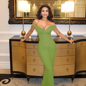 Robe De Soirée Pailletée À Épaules Dénudées Pour Femmes Maxi Moulante Sirène Sans Manches