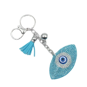 Blue Evil Eye keychain with sparkling rhinestones, silver bell and blue tassel charm
