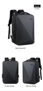 Detail of black geometric business backpack showing TSA lock and USB charging port