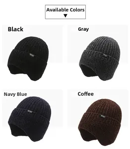 Detail view of winter knit ear protection hats in black, grey, navy, and coffee brown colors