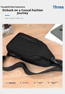 Detail view of water-resistant black crossbody bag with side USB charging port for men
