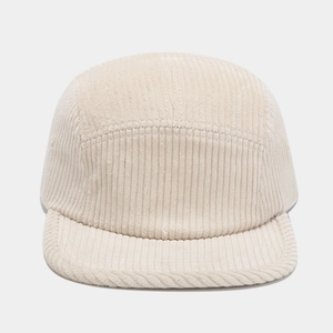 Classic beige corduroy 5-panel camper hat with a flat brim and retro minimalist design