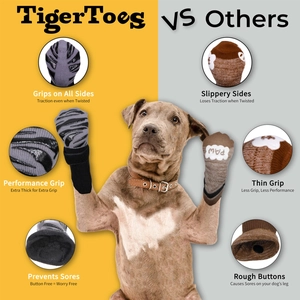 Detailed view of TigerToes non-slip dog socks with thick performance grip and grey knit fabric