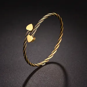 Bracciale Rigido Aperto Cuore Vintage Bicolore Nero Oro Cavo Intrecciato Acciaio Inossidabile Gioielli Moda Donna
