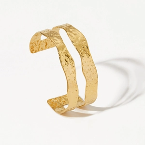 Minimalist gold double-layered irregular textured open bangle with hammered finish