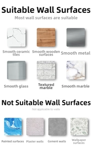 Adhesive hook wall surface compatibility guide for tile, wood, metal and glass