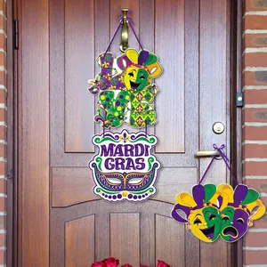 Mardi Gras themed door hanging set with purple gold and green jester mask decorations