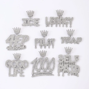 Men's hip hop silver iced out necklaces with crown letter pendants and Cuban chains