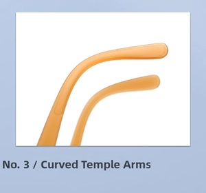 Detail of ergonomic curved orange temples on lightweight folding sunglasses