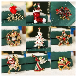 Christmas Brooches Santa Reindeer Tree Bell Alloy Enamel Rhinestone Holiday Jewelry Gift For Women