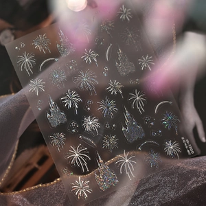 Laser silver fireworks and castle nail stickers for festive New Year manicures