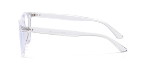 Side view detail of transparent square glasses frame showing hinge and model E2183 specs
