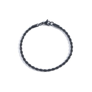 Detailed close-up of a black stainless steel rope chain bracelet with a secure lobster clasp