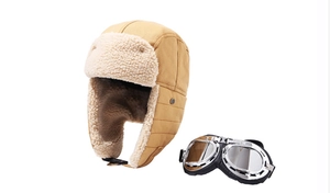 Colbacco invernale kaki con fodera in pile e occhiali vintage per sci e moto