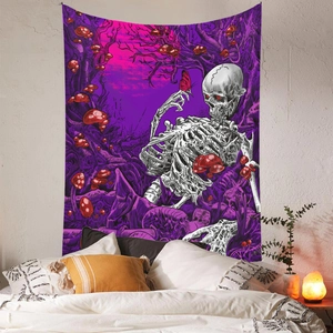 Detail of psychedelic skeleton tapestry with red mushrooms and forest hanging in bedroom