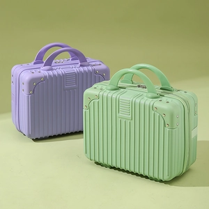 Mini 14-inch hard shell vanity cases in purple and mint green with striped texture