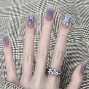 Press On Nails Artificial False Nails Ombre Blue Gray Gradient Flower Camellia Pattern Shiny Detachable With Glue