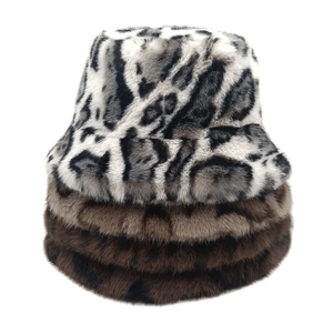 Plush leopard print faux fur bucket hats for women in various winter colors