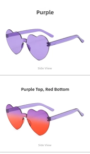 Detail view of heart-shaped rimless sunglasses in purple and red gradient colors