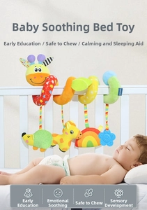 Spiral infant plush toy for crib railing featuring a plush giraffe and colorful teething toy