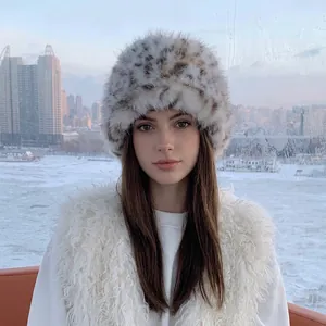 Women's Faux Fur Leopard Print Bucket Hat Warm Winter Plush Basin Cap Fashion Thickened Outdoor Headwear Accessories Gift