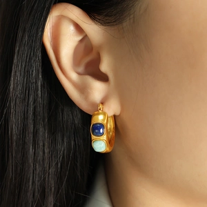 Luxurious 18k gold-plated C-shaped earrings with blue and green natural stones for women