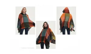 Detailed three-way view of women's hooded plaid poncho with colorful tassels