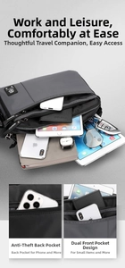 Detail showing multi-layer storage for tablet and phone in gray nylon crossbody bag