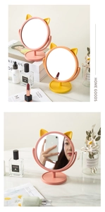 Pink and yellow cat ear makeup mirrors with rotating frame and stable tray base