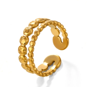 Minimalist double layer open gold ring with hammer texture for women in stainless steel