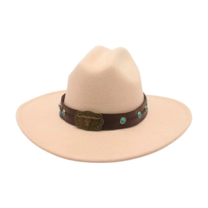Detailed view of beige wool jazz hat featuring leather band and turquoise bull skull buckle