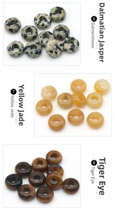 Details of Dalmatian stone, yellow topaz, and tiger eye beads for DIY jewelry making