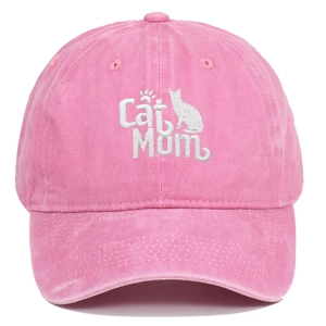 Pink vintage washed cotton baseball cap with Cat Mom embroidery on white background