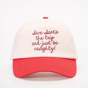 Two-tone cotton baseball cap with red brim and Save Santa embroidered text
