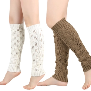 Women Acrylic Knit Leg Warmers Hollow Out Leaf Pattern Crochet Boot Cuffs Winter Warm Long Socks For Yoga Daily Wear