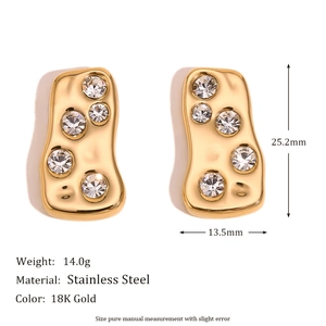 Abstract geometric 18K gold-plated stainless steel stud earrings with white zircons